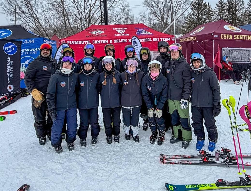 The PCEP Canton United ski team and coaches at Mt. Brighton, in front of the Plymouth, Canton and Salem team tent.